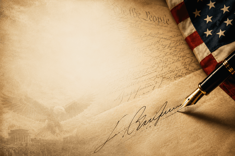 A signature on historic parchment beside the American flag