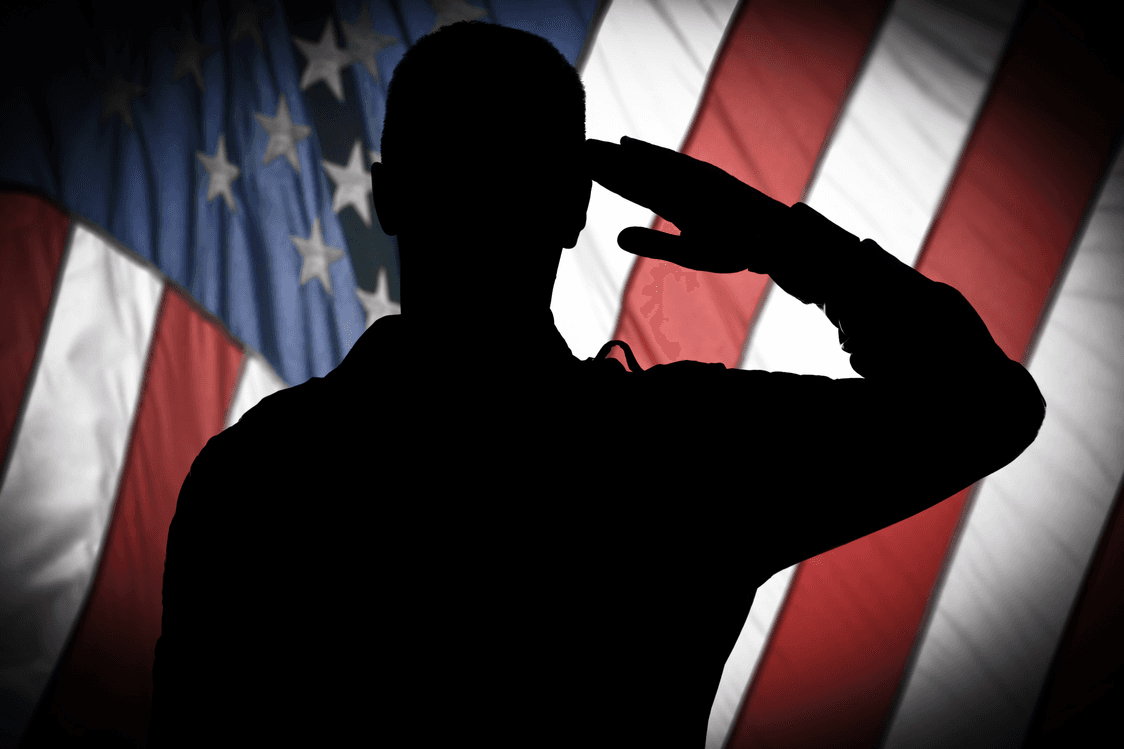 A soldier saluting before the American flag